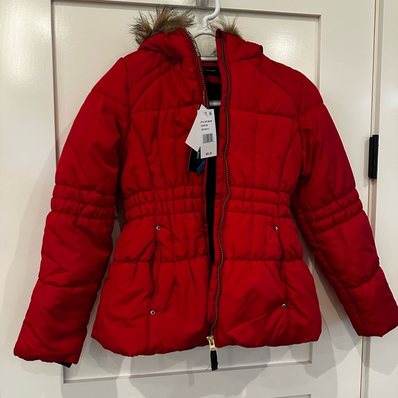Children's Red Puffer Jacket with Faux Fur Trim - Picture 1 of 6